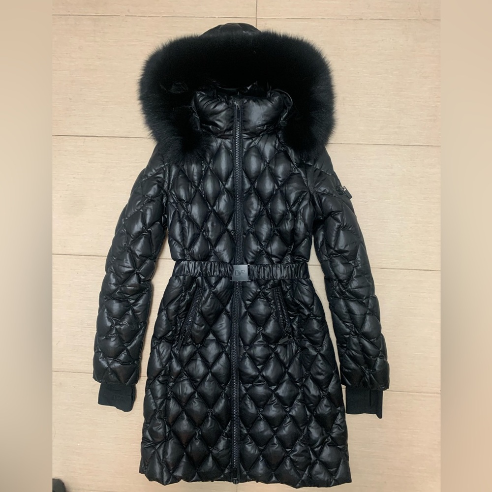 Diane von Furstenburg black puffer with removable fur hood size xs